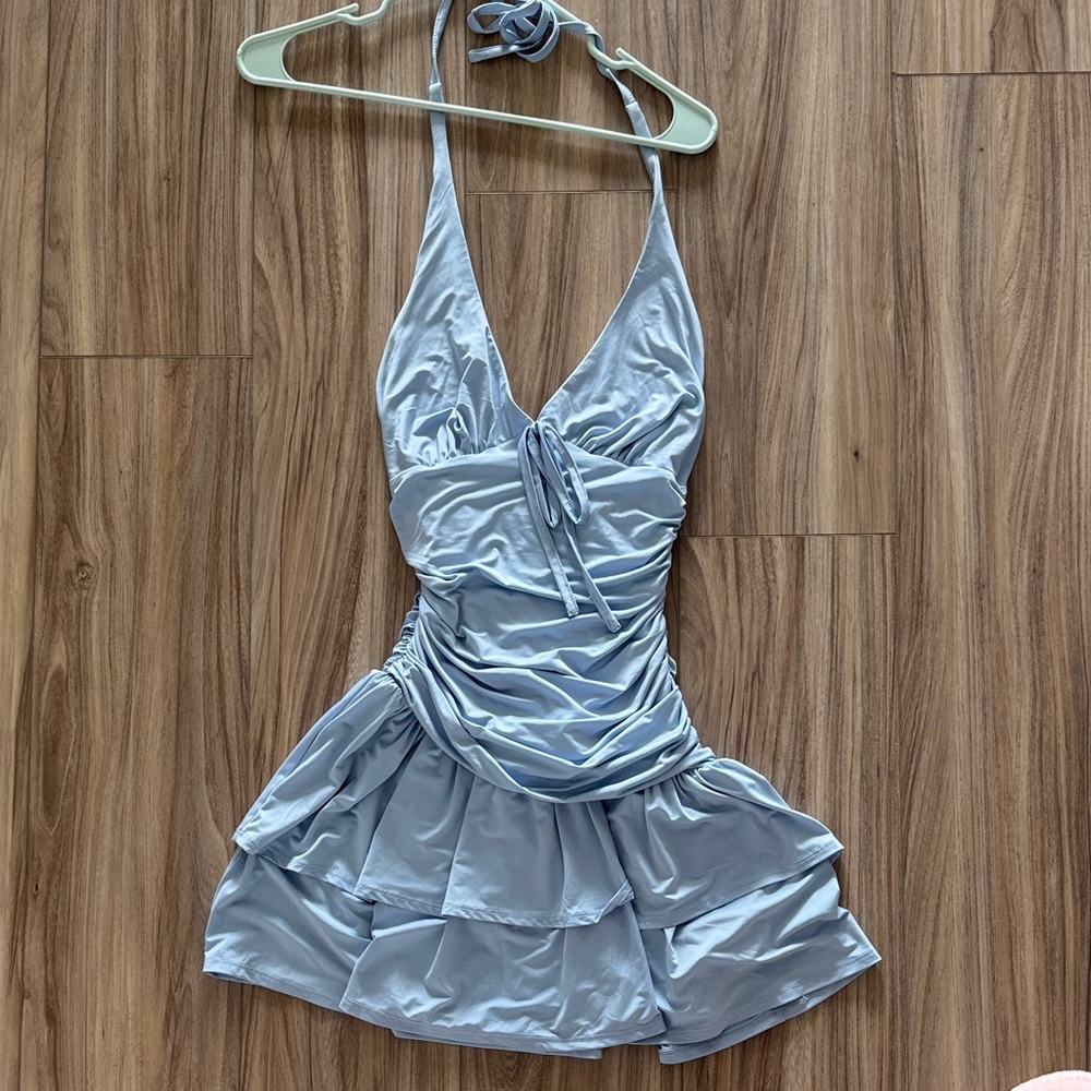 Light Blue Halter Ruffle Mini Dress